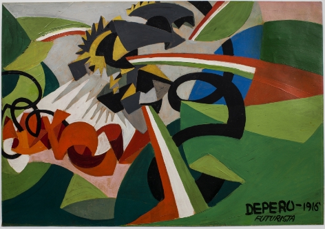 Fortunato Depero, Paesaggio guerresco. Esplosioni giallo e nero e tricolori, 1916, olio su tela 64x92,5 cm, Mart, Collezione Volker W. Feierabend ©